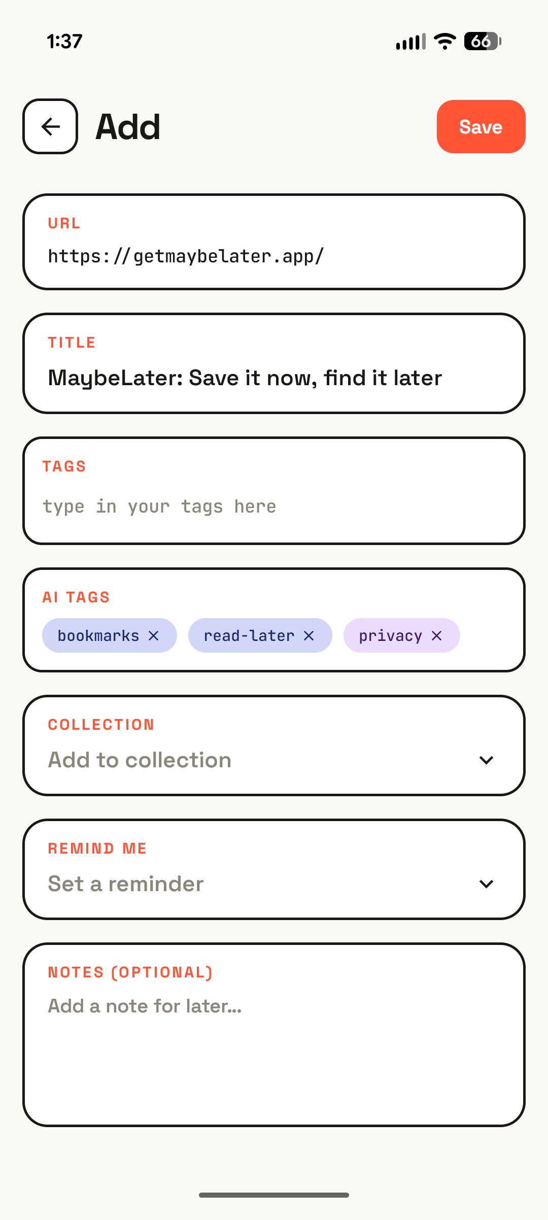 The Add screen with fields for URL, title, tags, on-device AI tags, a collection, a reminder, and optional notes.