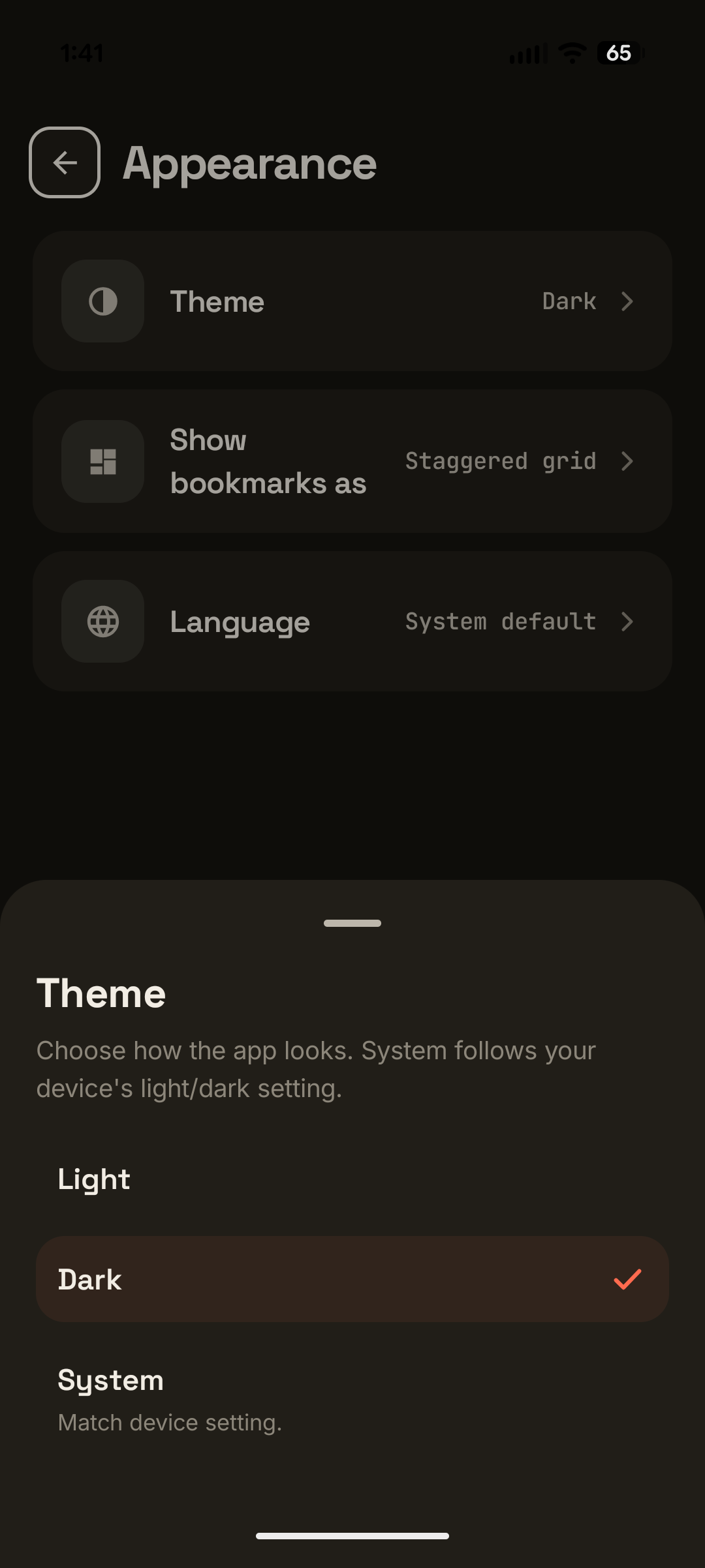 The Appearance settings in dark mode with the Theme sheet open on Light, Dark, and System, plus rows for how bookmarks are shown and the app language.