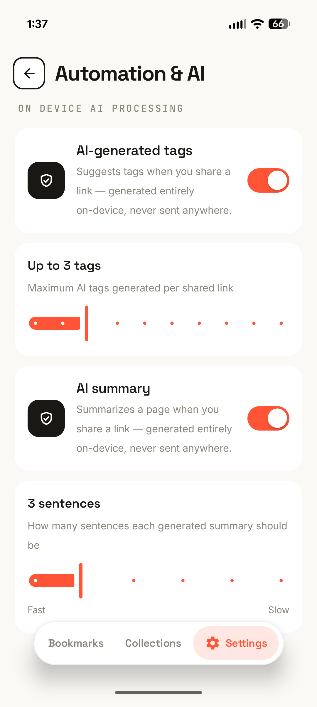 The Automation & AI settings: on-device AI-generated tags, a slider to cap the number of tags, an AI summary toggle, and a slider for how many sentences each summary runs.