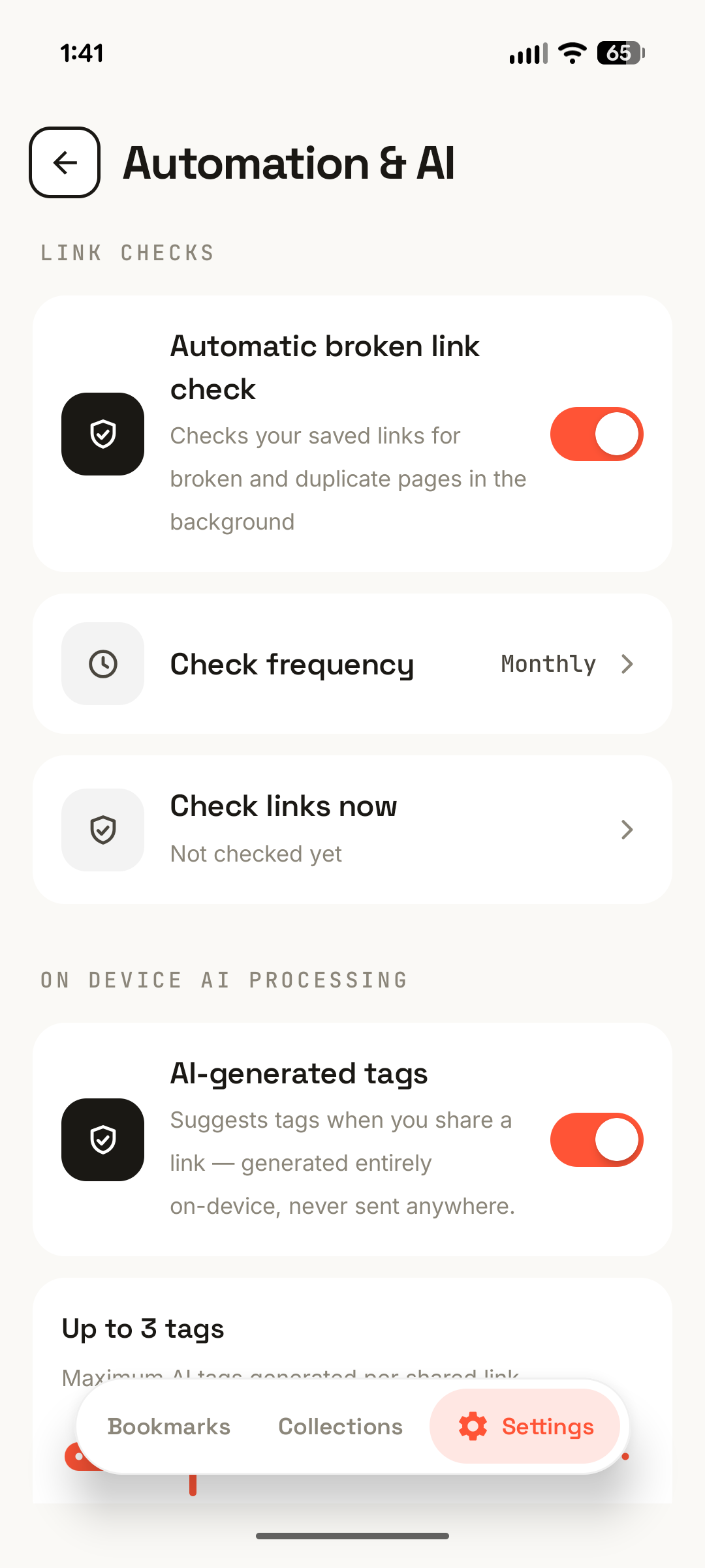 Automation settings for automatic link checks with a check frequency and a check-now action.