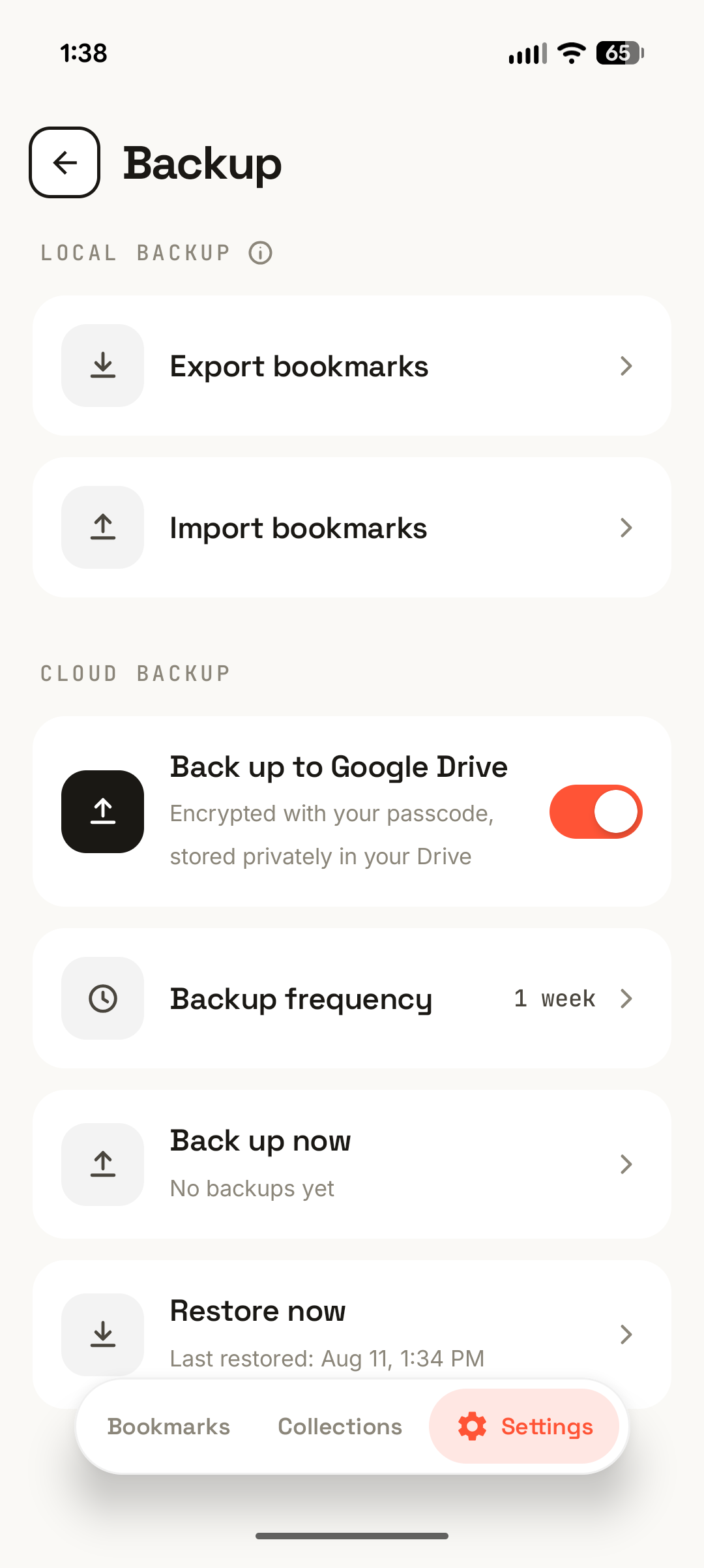 The Backup screen: export and import bookmarks locally, plus scheduled end-to-end encrypted backup to your own Google Drive.