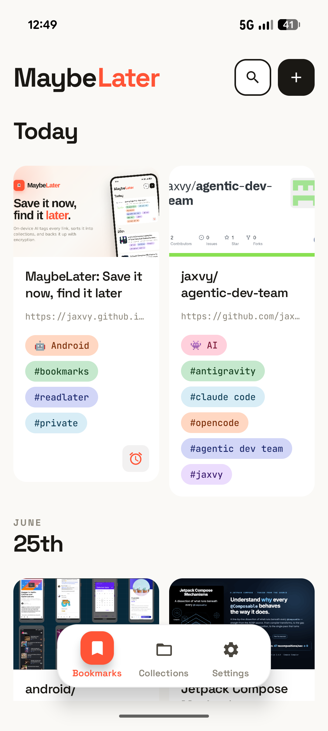 Bookmarks in a two-column grid, each card showing a thumbnail, title, URL, and tags.