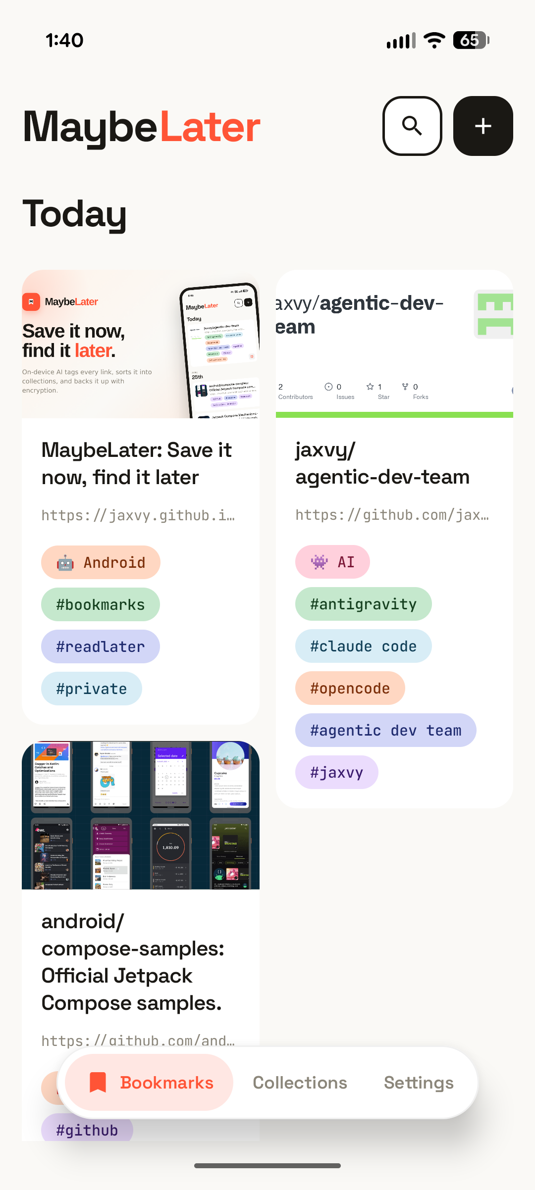 Bookmarks in a staggered two-column grid, each card showing a thumbnail, title, URL, and tags.