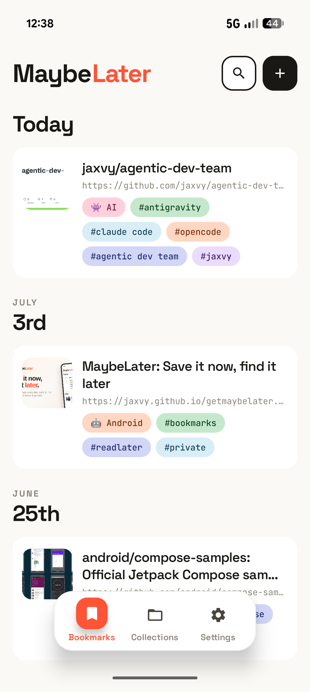 The MaybeLater bookmarks list, grouped by date. Each saved link shows its title, URL, color-coded tags, a collection, and a reminder.