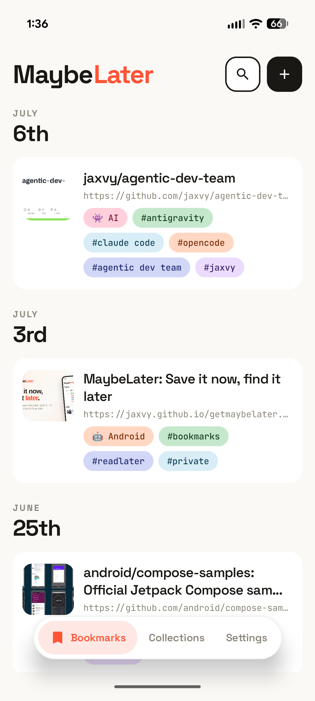 The MaybeLater bookmarks list, grouped by date. Each saved link shows a thumbnail, its title, URL, and color-coded tags.