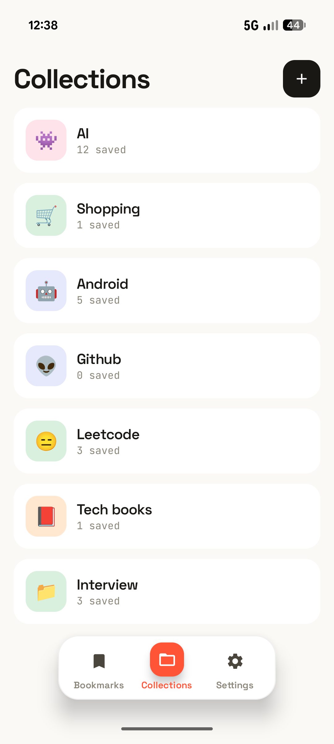 The Collections list, each collection showing an emoji, a name, and how many bookmarks it holds.
