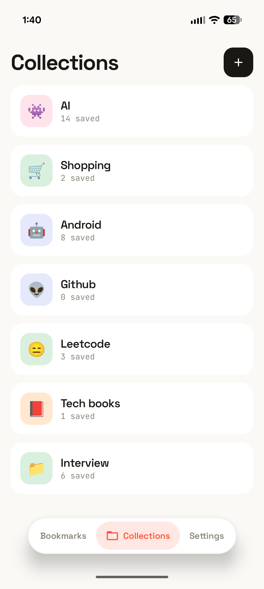 The Collections list, each collection showing an emoji, a name, and how many bookmarks it holds.