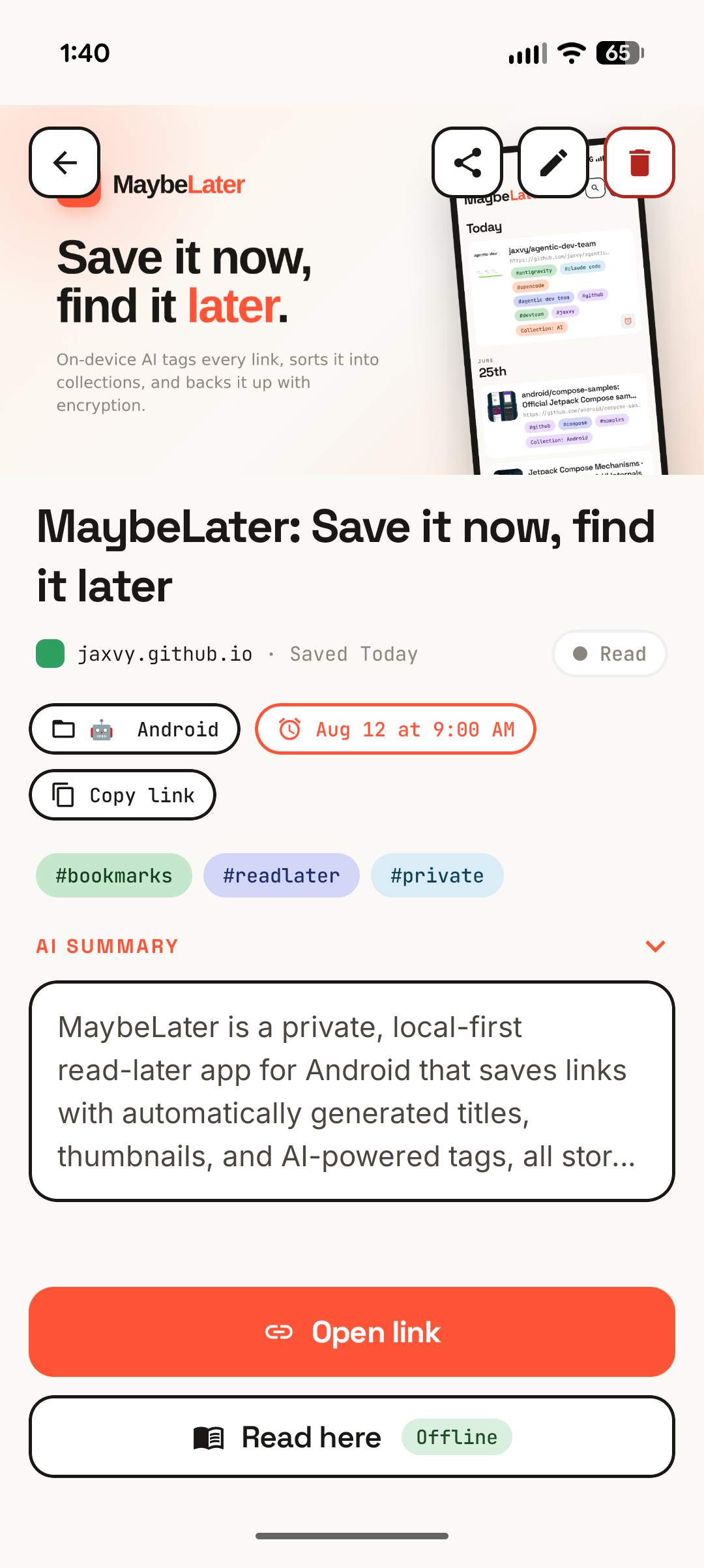 A bookmark's detail view with a rich link preview, its collection and reminder, tags, an on-device AI summary, and a Read here button for offline reading.
