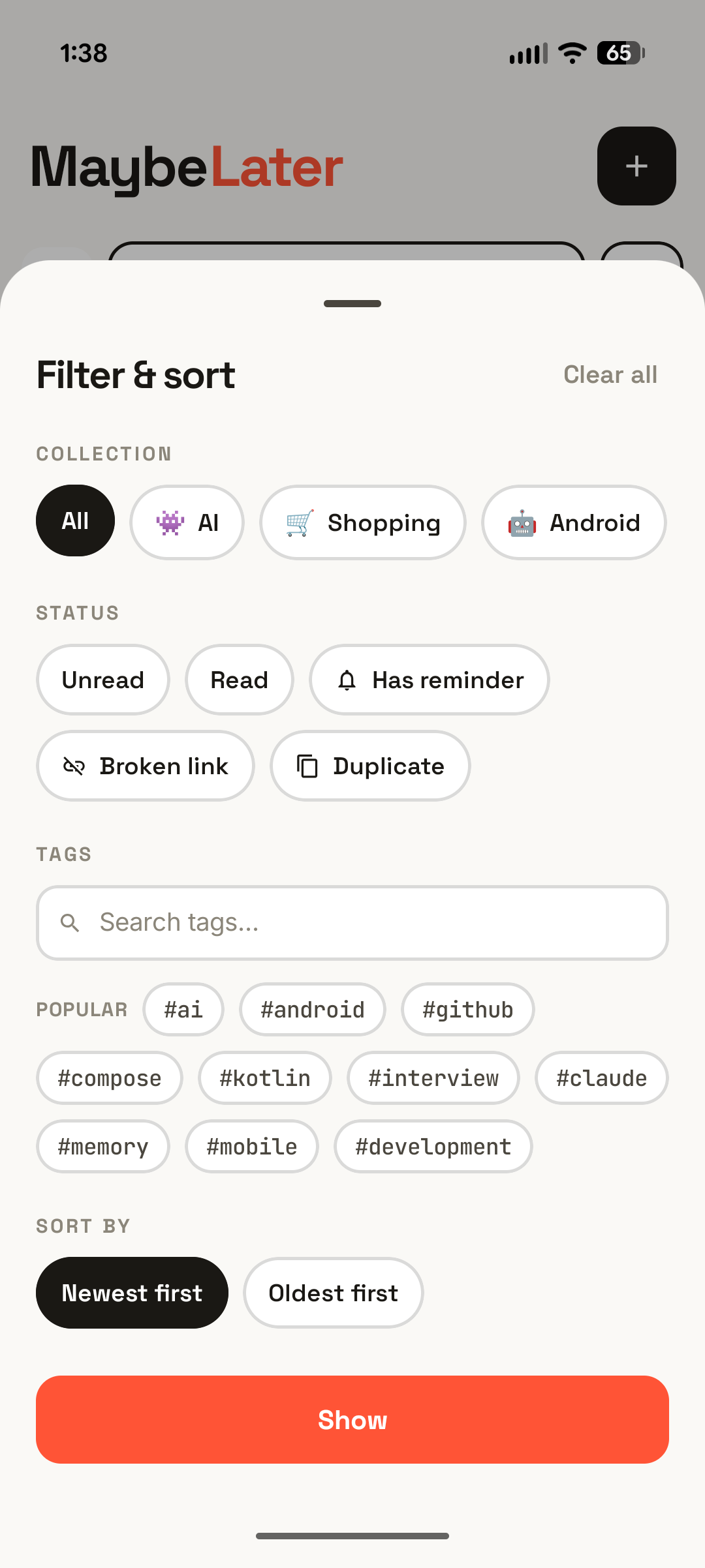 The Filter & sort sheet with chips for collection, status filters, a tag search, popular tags, and newest or oldest sort order.