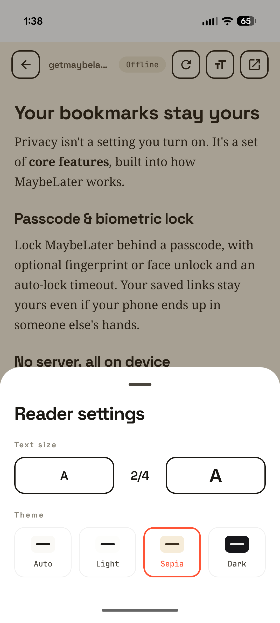 A saved article open in MaybeLater's offline reader with an Offline badge, and Reader settings for text size and a light, sepia, or dark theme.