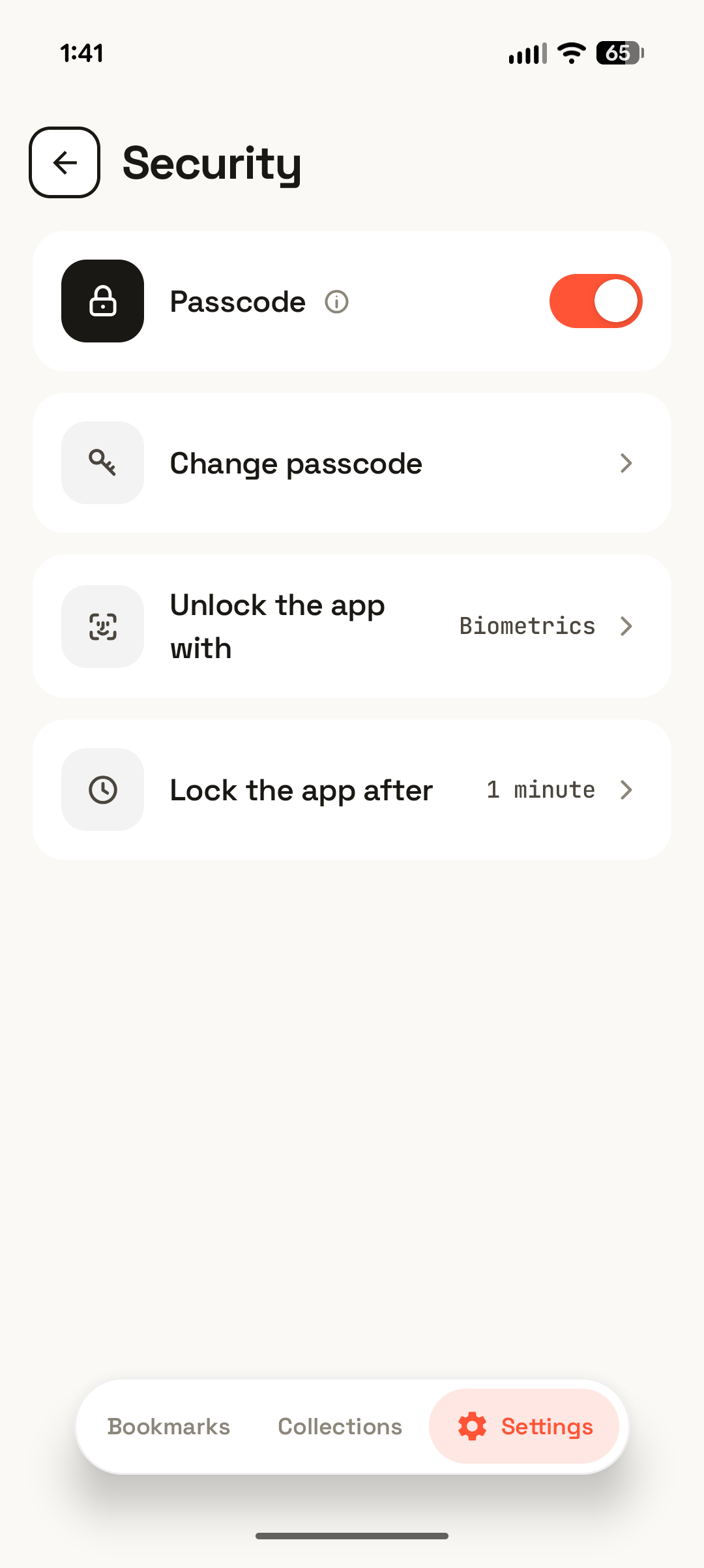 The Security screen: a passcode toggle, change passcode, biometric unlock, and an auto-lock timeout.